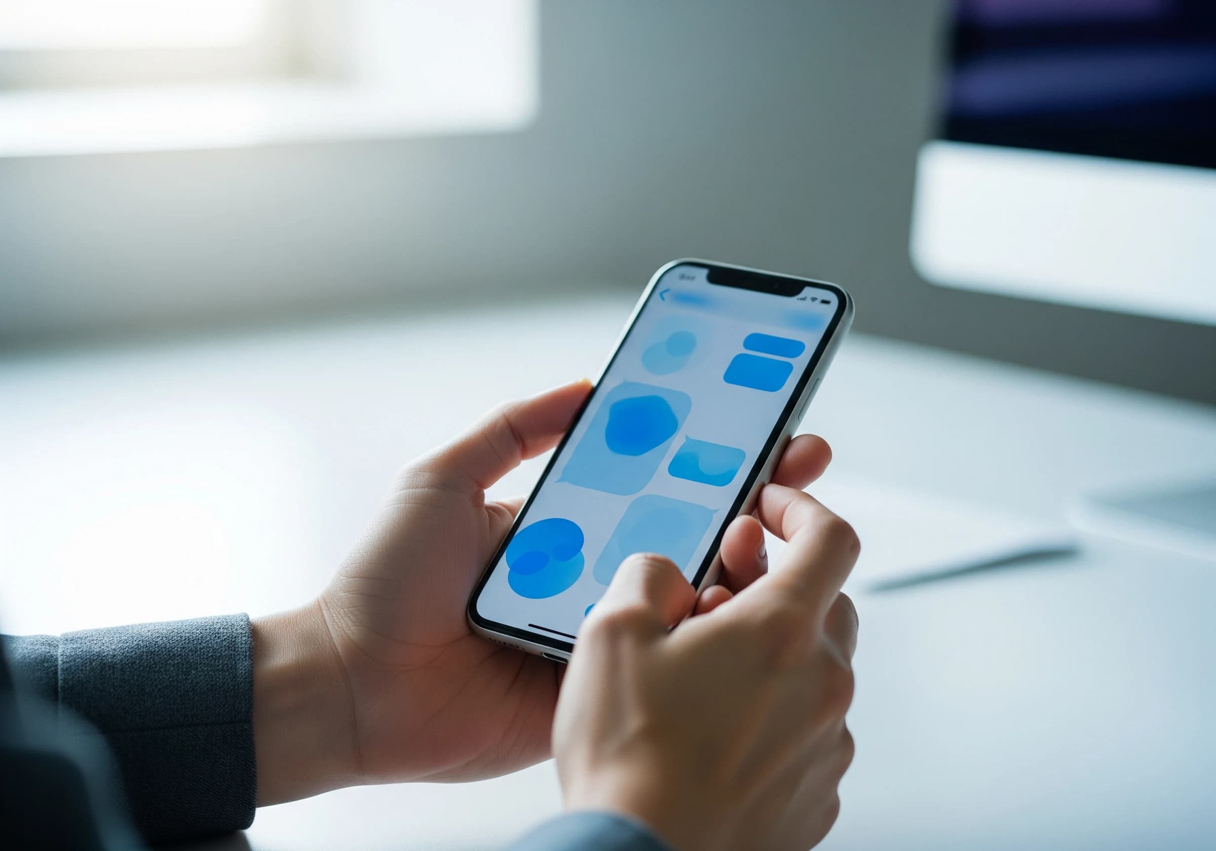 スマートフォンで報告を確認する手元